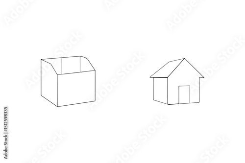 Simple line drawings of a house and a rectangular container on white isolated background
