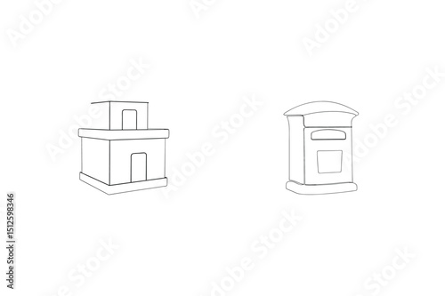 Line drawing illustration of a building structure and a classic letter mailbox design