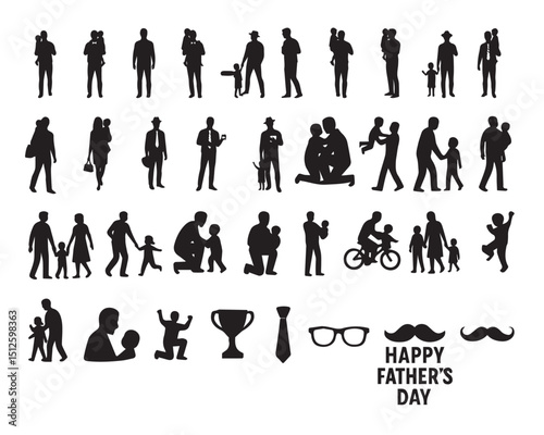 Silhouette collection depicting fathers children and father's day celebration decorations