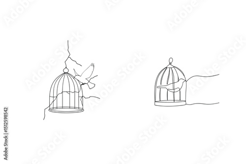 Freedom depicted with birds escaping a broken cage and birds still contained in a cage