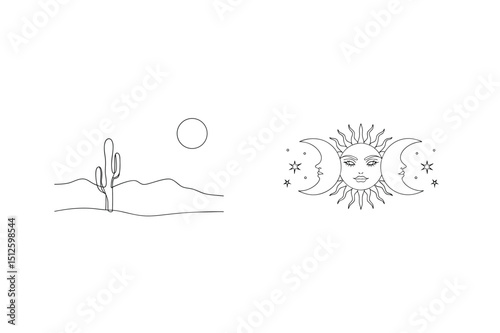 Minimalist black and white desert landscape and celestial sun moon phases illustration