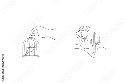 Hand holding birdcage with bird and minimalist desert scene with cactus and sun illustration