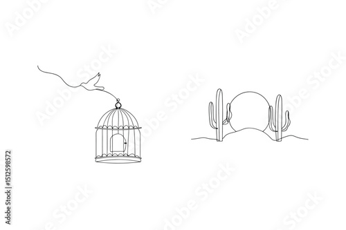 Bird freedom and desert scene in delicate line art black and white illustration