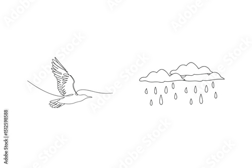 Minimalist line art illustration of a flying seagull and rain clouds on white background