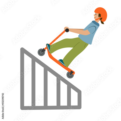 Young child doing tricks on scooter. Scooter ramp. Kid jump on scooter ramp.