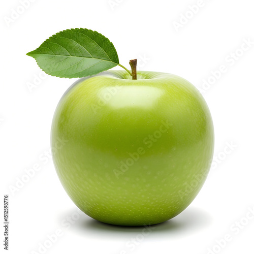 Fresh green apple with leaf on white background  