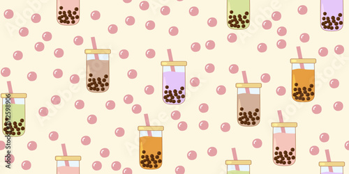 Different colored boba tea glasses and tapioca pearls seamless pattern on pastel yellow, vector