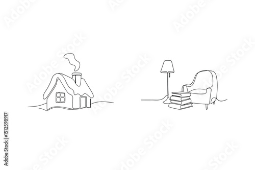 Cozy home interior scene featuring a winter house and relaxing reading area in line art