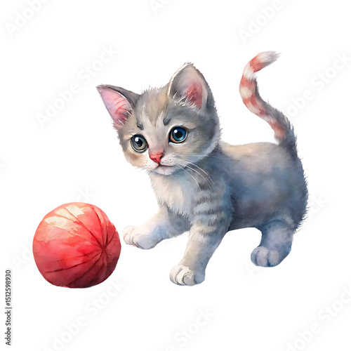 Playful Kitten with Red Yarn Ball – Soft Pastel Kids Wall Art with Minimal Background.png