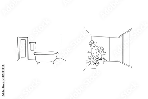 Elegant bathroom and sunroom interior sketch designs with bathtub and monstera plants