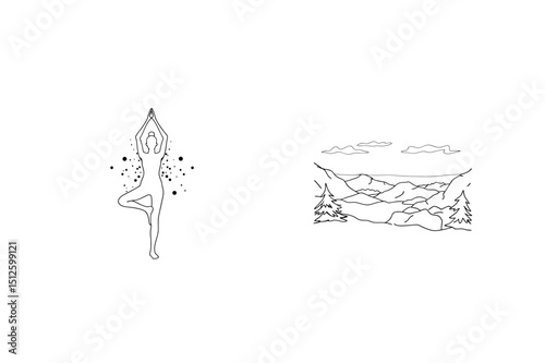 Yoga and nature inspired black and white line art illustrations for wellness and serenity