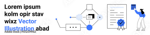 Flowchart with connectors, digital document, certificate with checkmark, woman holding file. Ideal for workflow, document management, certification, compliance, teamwork analysis simple landing