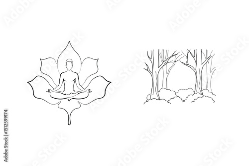 A serene meditation practice depicted with forest and a lotus flower symbolism