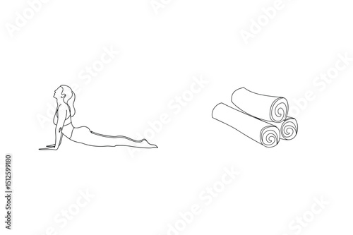 Minimalist line drawing of yoga pose and rolled spa towels isolated on white