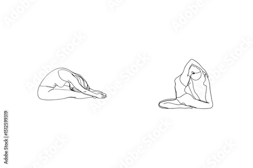 Minimalist line drawings of two women practicing yoga poses on a white background