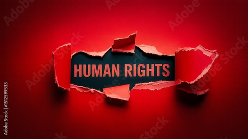 Human rights text revealed through a torn red paper background with dramatic lighting