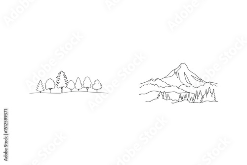 Minimalist line art depicting trees and mountain scenery isolated on white background