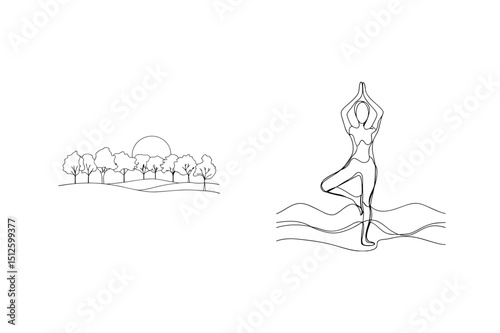 Minimalist one line drawing of landscape and yoga pose in black and white design