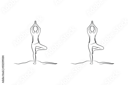 Simplified line drawing of two people practicing tree pose yoga for wellness and health