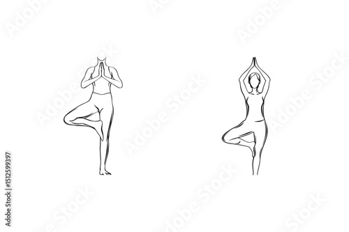 Minimalist line drawing of two women performing the tree yoga pose on white background