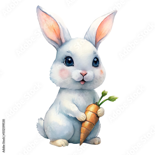  Small White Bunny Holding Carrot – Watercolor Nursery Art with Soft Shadows on White Background.png
