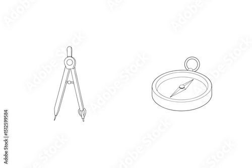 Detailed outline drawings of a compass and a drafting compass for engineering or navigation