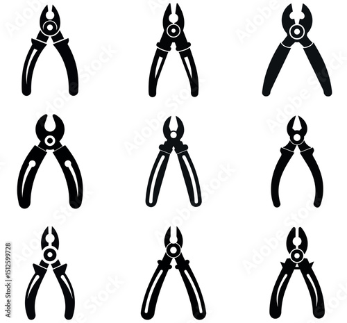 Pliers and Wire Cutter Tool Icon Set - Hand Tool Silhouettes