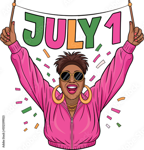 Cartoon-style vector illustration of a woman in a bright pink tracksuit throwing confetti with a July 1 party banner