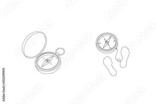 Simple outlined compass with footprints illustrating navigation and direction finding in white space
