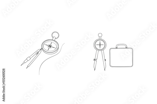 Black and white vector illustration of compasses and briefcase representing travel and direction.