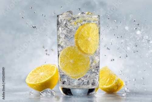 A glass of sparkling water with lemon and ice, with drops of water surrounding.