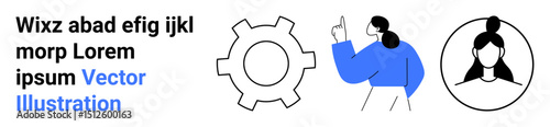 Gear symbol, woman pointing upward, and female avatar in outlines for user interface, team collaboration, problem-solving, profile creation, digital networking, app design, simple landing page