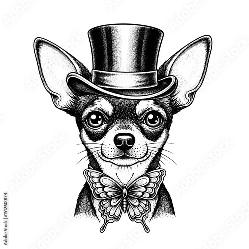 Chihuahua wearing a top hat and bowtie with a butterfly illustration  