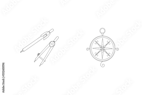 Engineering and navigation concept outlined with compass drafting tool and pencil symbol