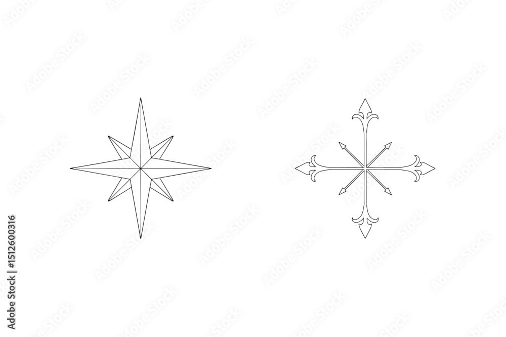 Fototapeta premium Two decorative starburst and compass rose designs in simple minimalist black line art
