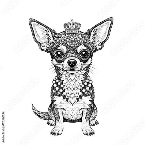 Detailed illustration of a Chihuahua dog wearing a crown and jewelry  
