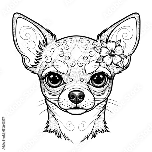 Chihuahua dog illustration with floral design and decorative patterns  