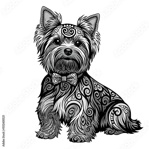 Artistic black and white illustration of a Yorkshire Terrier dog  