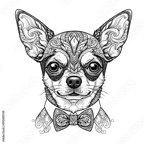 Detailed illustration of a Chihuahua wearing a bow tie and ornate patterns  