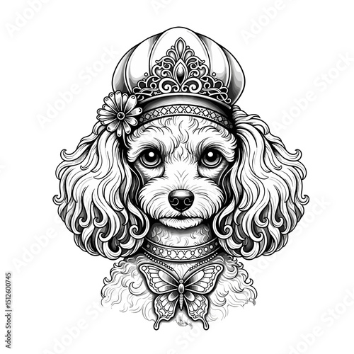 Cute dog illustration with crown, flowers, and butterfly in vintage style  