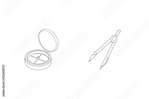 Outlined compass and divider tools isolated on white representing navigation and engineering concepts