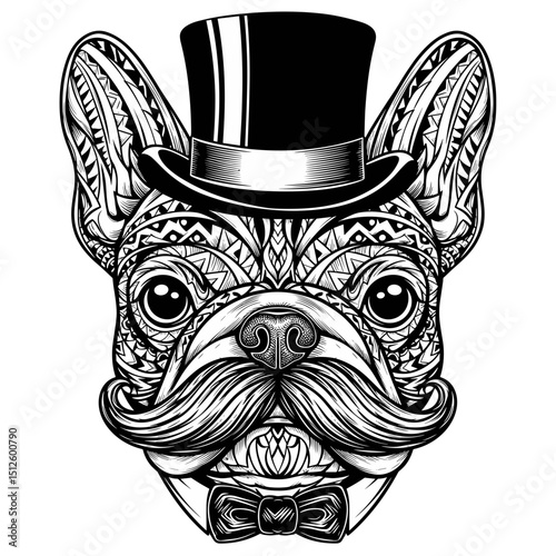 French Bulldog wearing a top hat and bowtie in vintage style