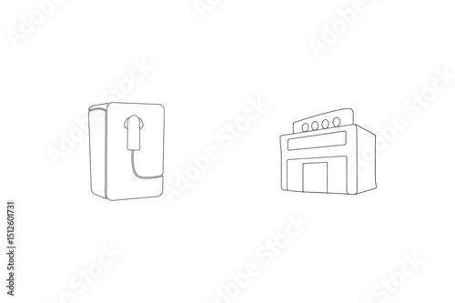 Simple hand drawn illustration depicting a charger and a small retail shop building