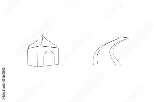 Simple black outline of a building and roadway isolated on a white background