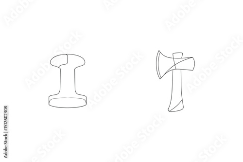 Black outline illustrations of a riveting tool and a woodchopping axe on white background