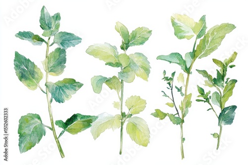 Aromatic Mint Leaves Collection. Watercolor Botanical Art on Fresh White Background