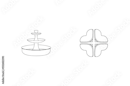 Detailed outline of a tiered fountain and a four leaf clover illustration in black and white