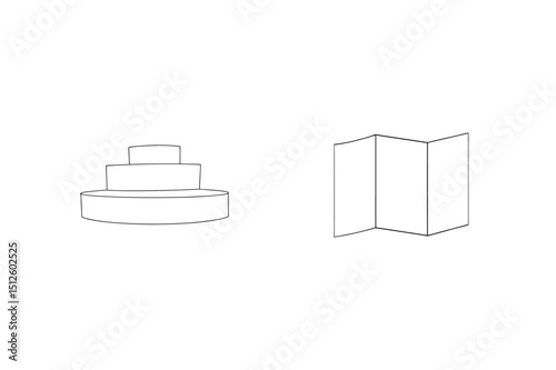 Minimalist line art of a layered cake beside a brochure design on white background.