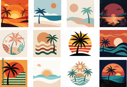 “Seamless summer pattern with beach, palm trees, ocean waves, tropical design, and sunset sky”