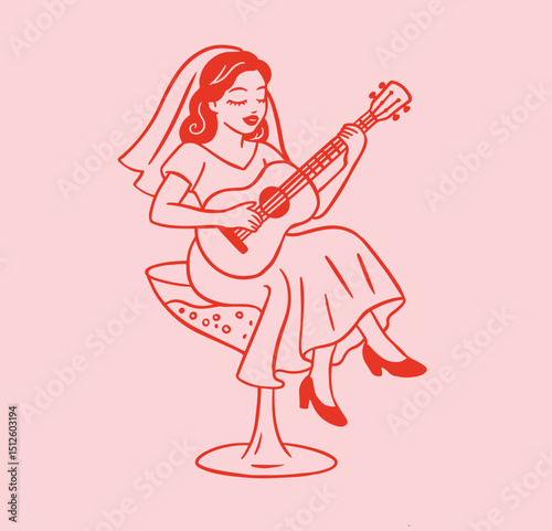 Bride with guitar in cocktail. Woman in martini glass.
